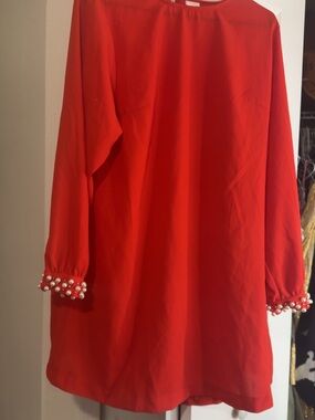 H&M Red Midi Dress with Pearl Cuff Detail